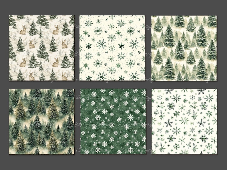 May include: Set of six digital paper patterns featuring winter forest scenes. The patterns include snowflakes, pine trees, and rabbits in a watercolour style.