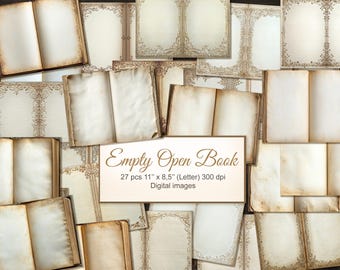 Open Empty Junk Journal Pages. Vintage Blank Papers with Frames Copy Space. Digital Download. 27 PACK
