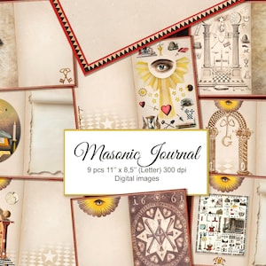 May include: Nine digital images of Masonic symbols, including an all-seeing eye, a compass and square, and a heart with a cross. The images are in a collage format and have a vintage aesthetic. The text "Masonic Journal" is in a decorative font.