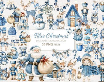May include: Watercolor digital clipart set with a blue Christmas theme. The image features Santa Claus, reindeer, snowmen, nutcrackers, and other holiday elements. The text "Blue Christmas" and "56 PNG FILES" are also visible.
