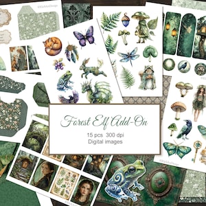 May include: A selection of digital images featuring a forest elf theme. The illustrations depict woodland creatures, fairies, mushrooms, and butterflies. The colour scheme is primarily green, brown, and purple. The text "Forest Elf Add-On" is displayed.