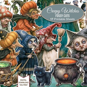 Creepy Witch Paper Dolls Fussy Cuts. Spooky Woodland.  Digital Download. Printable Sheets. 17 JPG