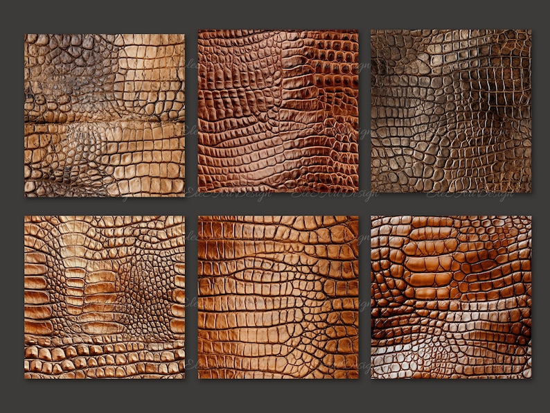May include: Six different brown crocodile skin textures. The textures are all different shades of brown and have a realistic look.