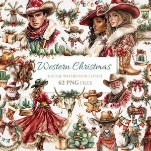 Pacote de clipart de aquarela de inverno de Natal ocidental. Cowgirl, Cowboy, . Ilustração de IA. Uso comercial. Cartões de diário de lixo de scrapbook. 62 PNG