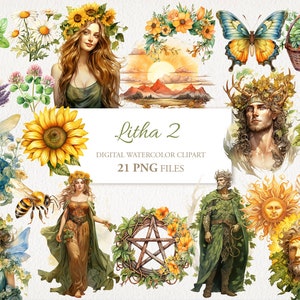 Puede incluir: Un conjunto de clipart digital de acuarela con 21 archivos PNG que presenta una variedad de elementos inspirados en la naturaleza, incluyendo un girasol, una mariposa, una abeja, un hada, una puesta de sol, una concha, un pentagrama y un hombre verde. El texto "Litha 2" también está incluido en la imagen.