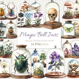 Magiska klockburkar akvarell Dark Academia Magic School Clipart-paket. Skuggornas bok. Scrapbook-skräpjournal. 34 PNG