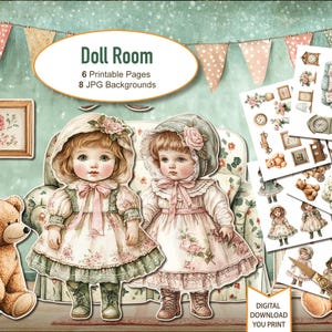Niedliche Mädchen Papierpuppen, Puppenhaus, wählerische Schnitte, Junk Journal Ephemera Digital Download, 6 Blatt mit Puppen, Elementen, 8 Raumhintergründe