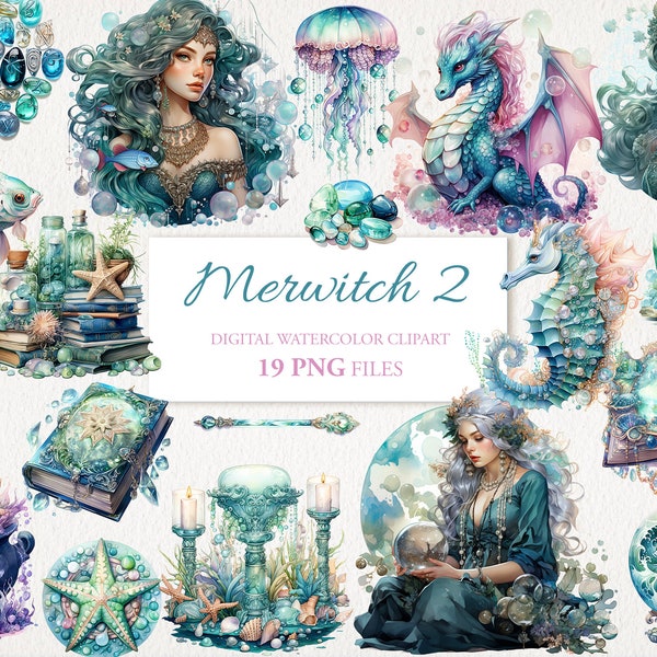 Merwitch Watercolor Clipart PNG Bundle. Mermaid Ocean Witch AI Illustration. Digital Download. Commercial Use Scrapbook Junk Journal 19 PACK