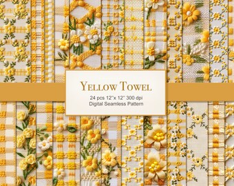 Yellow Farmhouse Towel Fabric Seamless Pattern. Texture Digital Craft Paper Bundle. Commercial Use. Scrapbook, Junk Journal, Fabric. 24 PACK