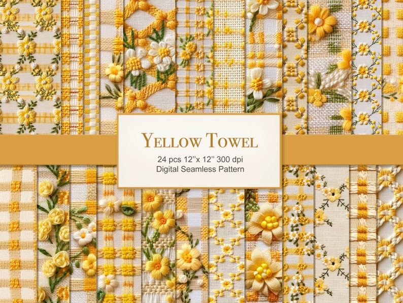 May include: A set of 24 digital seamless patterns featuring yellow and white embroidery designs on a white background. The patterns are 12 inches by 12 inches and 300 dpi. The designs include various floral motifs, gingham checks, and other geometric patterns.