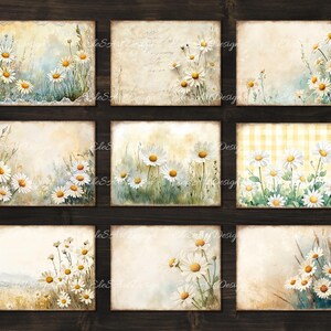May include: Nine digital paper squares with a vintage aesthetic featuring white daisies on a light background. The squares have different backgrounds, including a gingham pattern, a faded background, and a background with handwritten text.