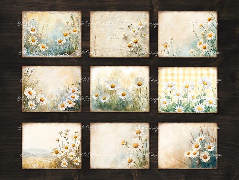 May include: Nine digital paper squares with a vintage aesthetic featuring white daisies on a light background. The squares have different backgrounds, including a gingham pattern, a faded background, and a background with handwritten text.