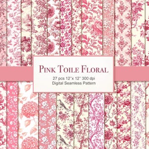 Pink Toile Seamless Pattern. Floral Digital Craft Paper Bundle. Commercial Use. Crafting, Decoupage, Journal. 27 PACK