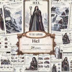 May include: A collection of 24 Mythic Grimoire digital pages featuring illustrations of Hel, Lady of the Hidden Realm. The pages include text, diagrams, and imagery related to Norse mythology, rituals, and correspondences in US letter size format.