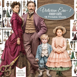 Puede incluir: Un conjunto de hojas imprimibles "Victorian Era-1 Fussy Cuts" con figuras vestidas con ropa victoriana. La imagen muestra a una familia de cinco personas con atuendos de época, incluyendo una mujer con un vestido burdeos y un hombre con un abrigo morado. El texto dice "Victorian Era-1 Fussy Cuts 14 Printable Sheets".