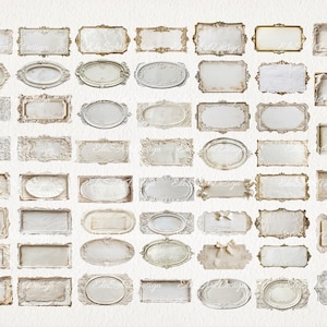 May include: A collection of 40 vintage-style white frames with ornate details. The frames are rectangular and oval in shape and have a distressed, aged look. They are perfect for adding a touch of elegance to any project.