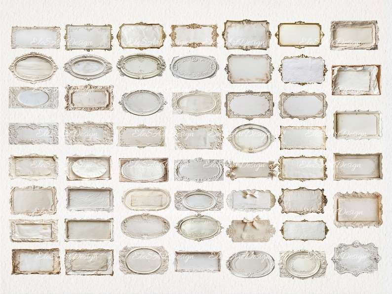 May include: A collection of 40 vintage-style white frames with ornate details. The frames are rectangular and oval in shape and have a distressed, aged look. They are perfect for adding a touch of elegance to any project.