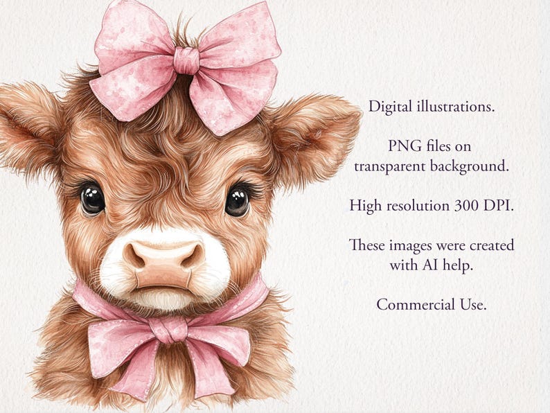 May include: A digital illustration of a brown and white Highland cow calf with a pink bow on its head and a pink bow around its neck. The background is white.
