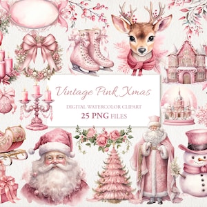 Vintage Pink Christmas Winter Watercolor Clipart PNG Bundle AI Illustration. Natychmiastowe pobranie do użytku komercyjnego. Junk Journal Scrapbooking