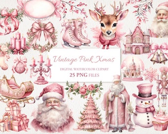 Vintage Pink Christmas Winter Watercolor Clipart PNG Bundle AI Illustration. Instant Download for Commercial Use. Junk Journal Scrapbooking