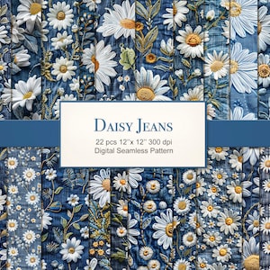 Daisy Jeans Denim bloemen bloemen naadloze patroon papier pagina's. Commercieel gebruik. Knutselen, Plakboek, Stof, Junk Journal. 22 PAK