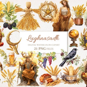 Lughnasadh Lammas Wicca Wiccan Celtic Neopagan Watercolor Clipart PNG Bundle. AI Illustration. Commercial Use. Witch Scrapbook Junk Journal