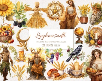 Lughnasadh Lammas Wicca Wiccan Celta Neopagan Acuarela Clipart PNG Paquete. Ilustración de IA. Uso comercial. Diario basura del álbum de recortes de brujas