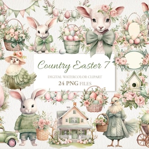 Country Farmhouse Easter Watercolor Clipart PNG Bundle. AI Illustration. Instant Download for Commercial Use. Junk Journal Card. 24 PACK