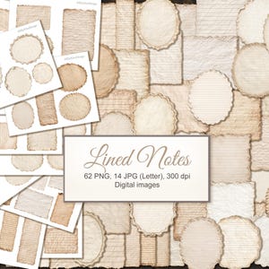 Può includere: Una collezione di immagini digitali con carta invecchiata di varie forme e dimensioni, inclusi disegni a righe e strutturati. Le immagini sono in tonalità beige e crema, alcune con bordi smerlati. Il testo "Lined Notes" è visualizzato.