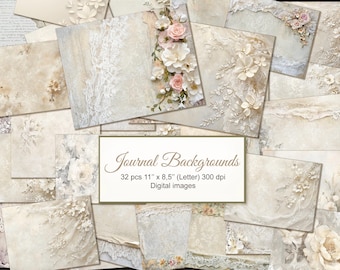 Lace Shabby Chic Empty Junk Journal Background Pages. Printable Vintage Blank Wedding Papers with Copy Space. Digital Download. 32 PACK