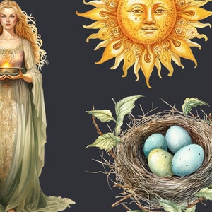 May include: Watercolor illustration featuring a woman in a flowing gown holding a bowl with a flame. A golden sun with a face and a bird's nest with speckled blue eggs are also depicted. The artwork has a mystical, ethereal theme.