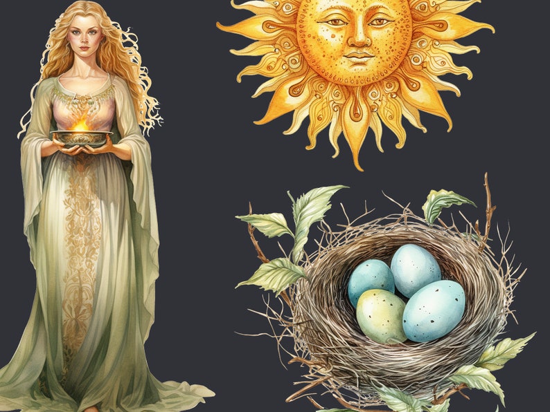 May include: Watercolor illustration featuring a woman in a flowing gown holding a bowl with a flame. A golden sun with a face and a bird's nest with speckled blue eggs are also depicted. The artwork has a mystical, ethereal theme.