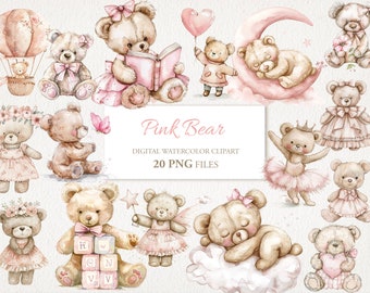 Pacote com 20 imagens PNG de ursinhos de pelúcia rosa em aquarela. Arte para quarto infantil. Ilustração em formato AI. Download instantâneo para uso comercial.