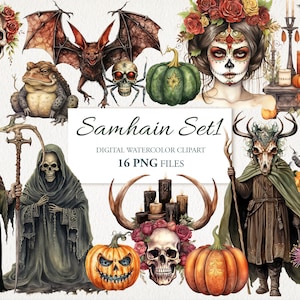 Samhain Wicca Wiccan Celtic Neopagan Watercolor Clipart PNG Bundle. Halloween Witch. AI Illustration. Commercial Use. Scrapbook Junk Journal