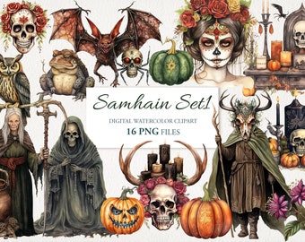 Samhain Wicca Wiccan Celtic Neopagan Watercolor Clipart PNG Bundle. Halloween Witch. AI Illustration. Commercial Use. Scrapbook Junk Journal