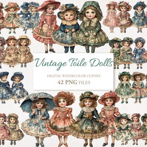 Illustrazione clipart di bambole di carta toile vittoriane, materiale effimero di diario vintage, download digitale, 42 PNG