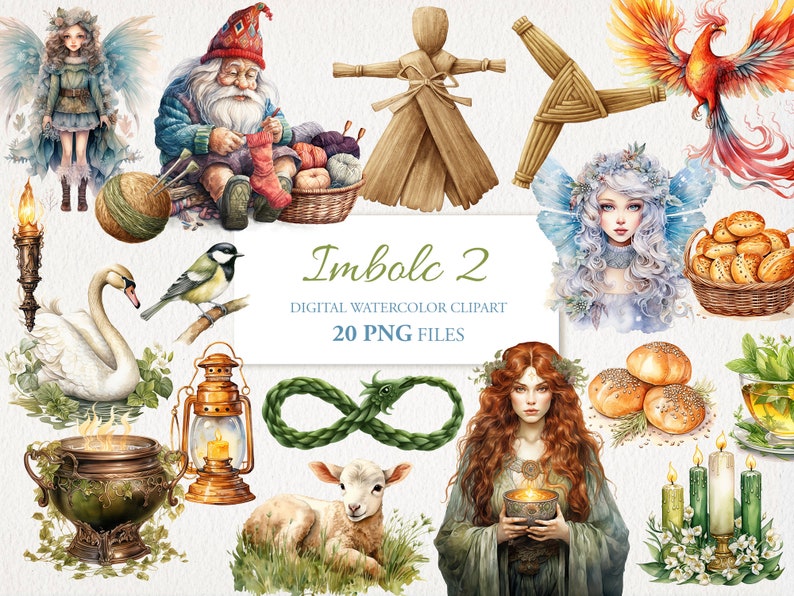 Może przedstawiać: Cyfrowa kolekcja clipart&oacute;w akwarelowych zatytułowana "Imbolc 2". Ilustracje obejmują wr&oacute;żkę, gnoma robiącego na drutach, łabędzia, ptaka, feniksa, jagnię, kobietę, chleb, świece i inne elementy.