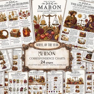 Puede incluir: Una colección de 24 páginas de tablas de correspondencia de Mabon con ilustraciones de frutas de cosecha, granos, balanzas y deidades. El texto central dice Wheel of the Year Mabon Correspondence Charts 24 pages US Letter Size 300 DPI.