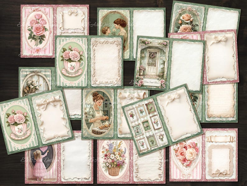May include: A set of 16 vintage-style scrapbook paper cards with floral and nature themes. The cards feature a variety of designs, including roses, butterflies, and birds. The cards are perfect for scrapbooking, card making, and other paper crafts.