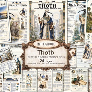 May include: A collection of 24 digital grimoire and correspondence pages featuring the Egyptian deity Thoth. The pages include illustrations of Thoth, baboons, ibises, and ancient Egyptian temples, alongside text detailing myths, symbols, and lunar practices.
