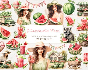 Watermelon Farm Summer Watercolor Clipart PNG Bundle. AI Illustration. Instant Download for Commercial Use. Junk Journal Card. 26 PACK