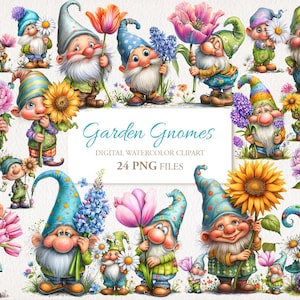 Può includere: Clipart ad acquerello con una collezione di gnomi da giardino stravaganti che tengono in mano vari fiori, tra cui girasoli, tulipani e margherite. Gli gnomi indossano cappelli e abiti colorati. Il testo recita "Garden Gnomes" e "24 PNG FILES".