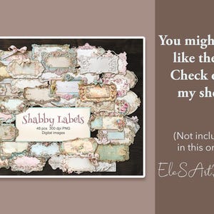 May include: A collection of 48 digital images of vintage-style labels with ornate frames and floral designs. The labels are in various shapes and sizes, with a shabby chic aesthetic. The text "Shabby Labels" is visible in the centre of the image.
