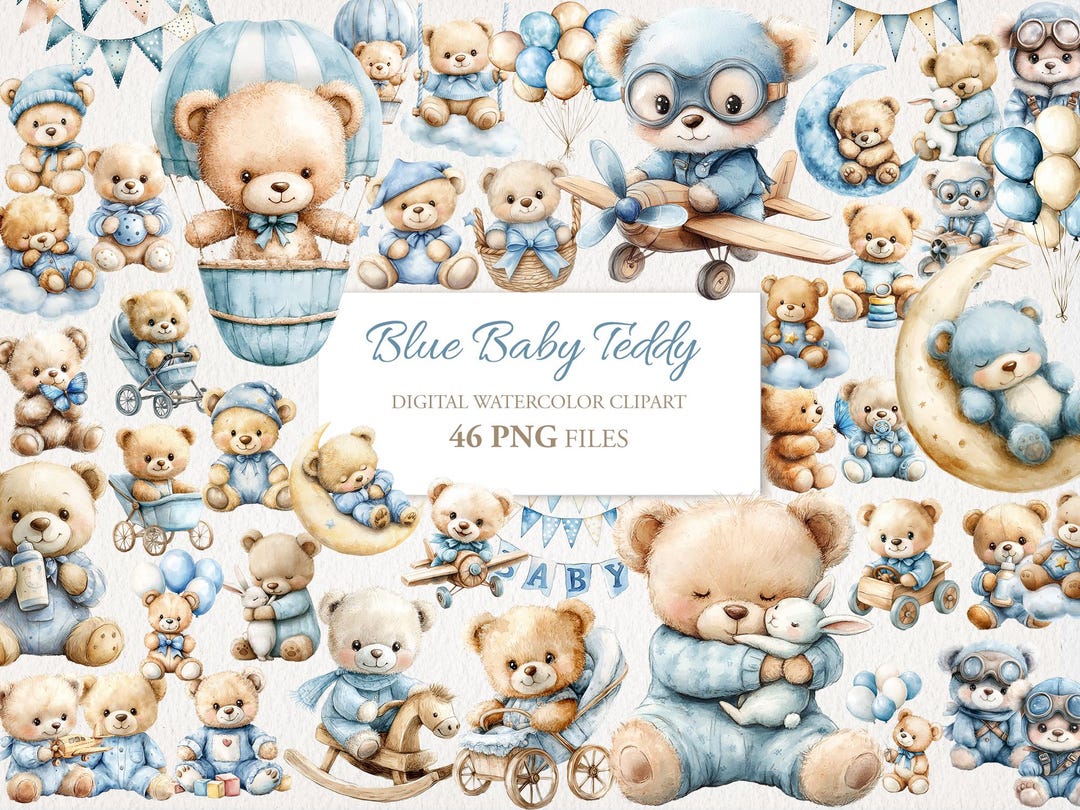 Blue Baby Teddy Bear Watercolor Clipart PNG Bundle. Children Nursery ...