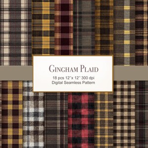 Puede incluir: Una colección de patrones de cuadros de vichy creados digitalmente en varios colores, incluyendo marrón, negro, rojo y amarillo. La imagen incluye un rectángulo blanco con el texto "Gingham Plaid" y detalles del patrón. Cada patrón mide 30,48 cm x 30,48 cm.