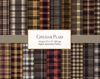 Gingham Plaid Seamless Pattern. Digital Craft Paper Bundle. Commercial Use. Crafting, Decoupage, Junk Journal. 18 PACK