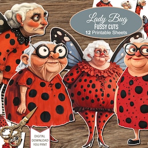 Pode incluir: Folhas digitais para impressão com ilustrações de mulheres idosas vestidas de joaninhas. As mulheres usam vestidos vermelhos com manchas pretas e asas de borboleta. O texto "Lady Bug Fussy Cuts" é exibido na imagem.