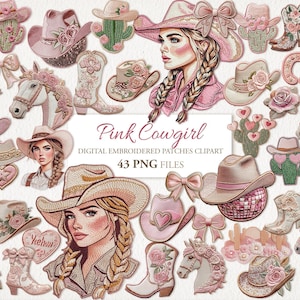 May include: A collection of pink cowgirl-themed digital embroidered patches. The image features various designs, including cowboy hats, boots, cacti, horses, bows, and portraits of cowgirls. The text "Pink Cowgirl" is displayed.