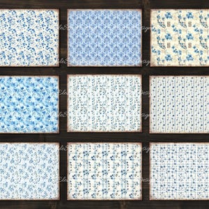 Peut inclure: Neuf motifs de papier num&eacute;rique avec des motifs floraux bleus et blancs. Les motifs comprennent un motif damass&eacute;, un motif floral sur fond blanc, un motif floral sur fond bleu, un motif ray&eacute;, un motif vichy et un motif floral sur fond blanc.
