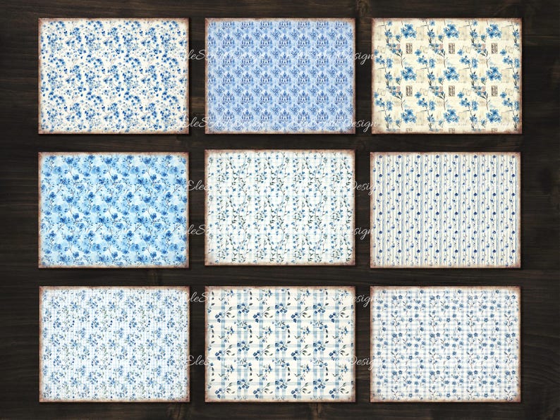 Peut inclure: Neuf motifs de papier num&eacute;rique avec des motifs floraux bleus et blancs. Les motifs comprennent un motif damass&eacute;, un motif floral sur fond blanc, un motif floral sur fond bleu, un motif ray&eacute;, un motif vichy et un motif floral sur fond blanc.